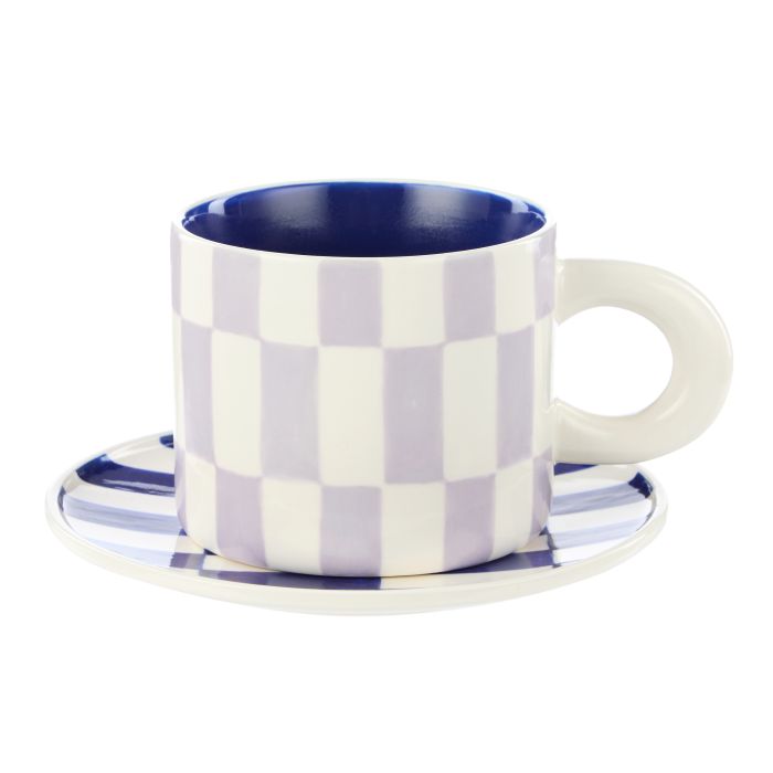 EMPORIUM CHECK MUG & PLATE SET LILAC & NAVY 15X15X1.5CM/300ML