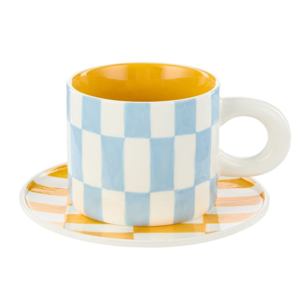 EMPORIUM CHECK MUG & PLATE SET BLUE & ORANGE 15X15X1.5CM/300ML