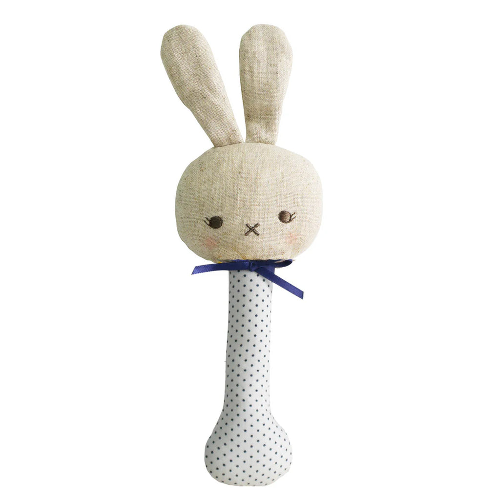 Alimrose  Linen Bunny Stick Rattle Navy Spot