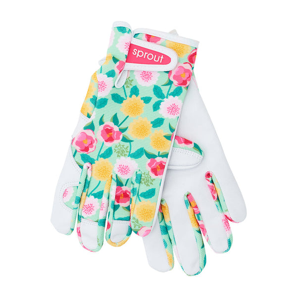 Sprout Goatskin  Garden Gloves - Design Camellias Mint