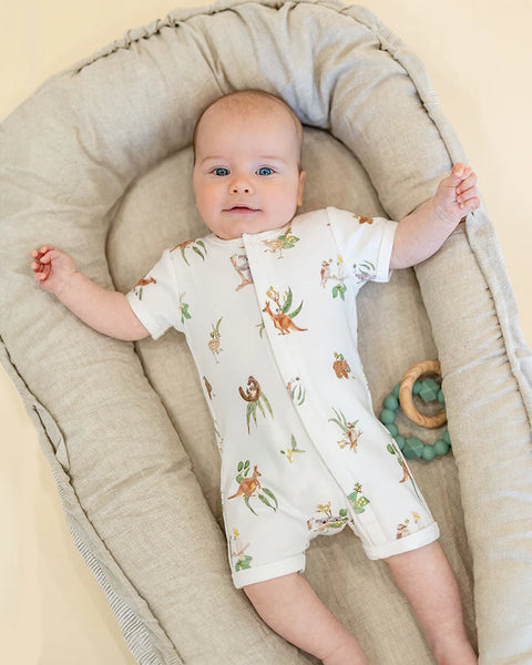 Minhaha Bébé ORGANIC AUSTRALIANA PRINT SS ZIP ROMPER