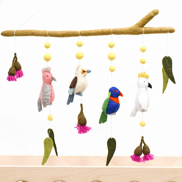 Felt Baby Nursery Mobile Hanging - Australian Birds - Cockatoo, Lorikeet, Galah and Kookaburra