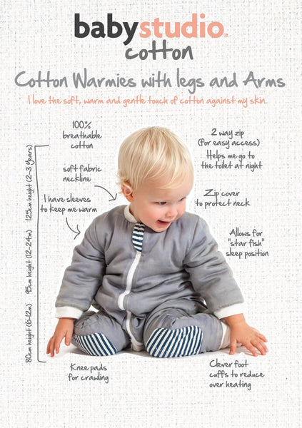 WARMIES - with arms and legs cotton (6-12m) 3.0 tog - grey marle/grey lines